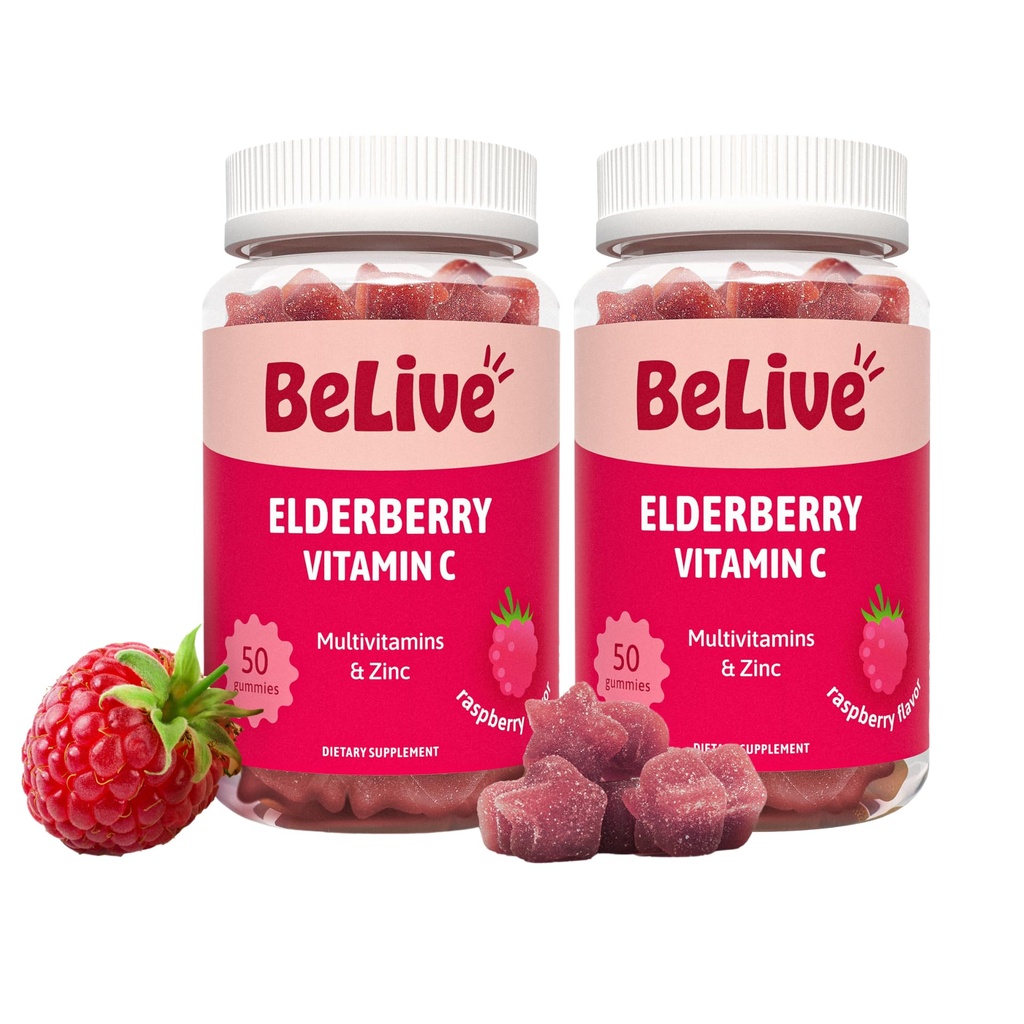 Belive Gummys Elderberry με ψευδάργυρο και βιταμίνη C - συμπλήρωμα υποστήριξης του ανοσοποιητικού με βιταμίνη D, A, E, B12 - Gummies για υγιή οστά & δόντια, Vegan, Keto & Non-GMO - Raspberry Flavor 