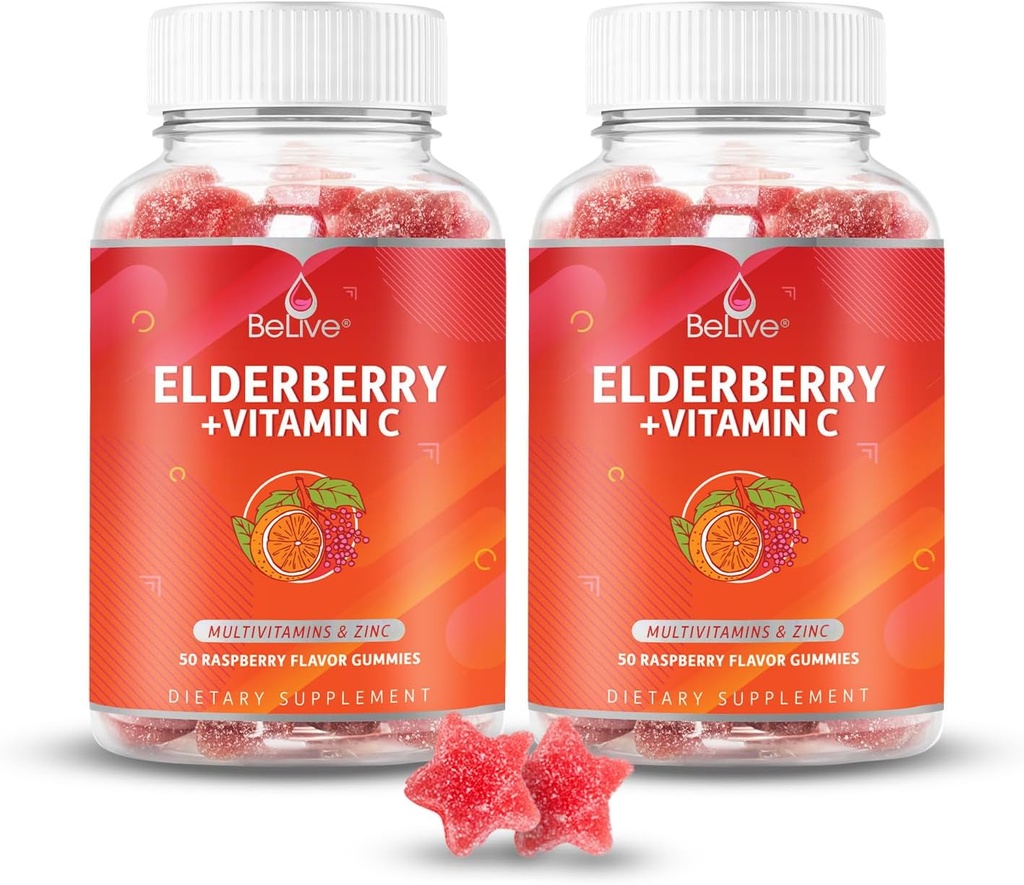 Belive Gummys Elderberry με ψευδάργυρο και βιταμίνη C - συμπλήρωμα υποστήριξης του ανοσοποιητικού με βιταμίνη D, A, E, B12 - Gummies για υγιή οστά & δόντια, Vegan, Keto & Non-GMO - Raspberry Flavor 