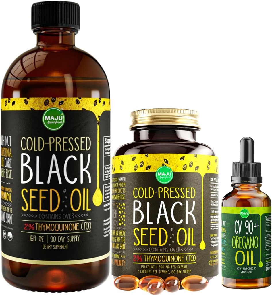 Maju Superfoods Μεγάλο Μαύρο Λάδι Σπέρματος και Ρίγανο Bundle