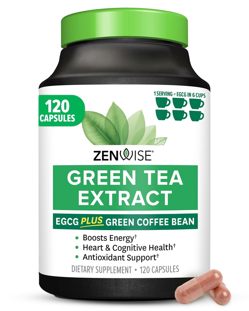 Zenwise Health Green Tea Extract Κάψουλες για άνδρες και γυναίκες - EGCG συμπλήρωμα με Πράσινο Coffee Bean Extract Ενισχύει την ενέργεια & τη μνήμη - Ανοσοποιητική υποστήριξη για το δέρμα, τον εγκέφαλο και την υγεία Hearth - Vegan - 120 Count