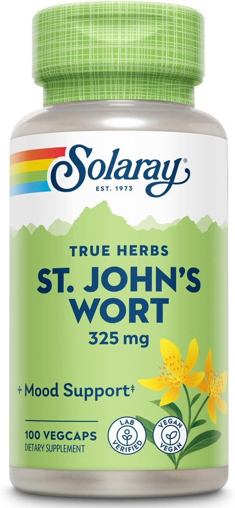 SOLARAY St Johns Wort 325 mg Whole Aerial - Health and Mood Support Supplement - 60-Day Money Back Guarantee - Non-GMO, Vegan, Lab Verified (100 CT)