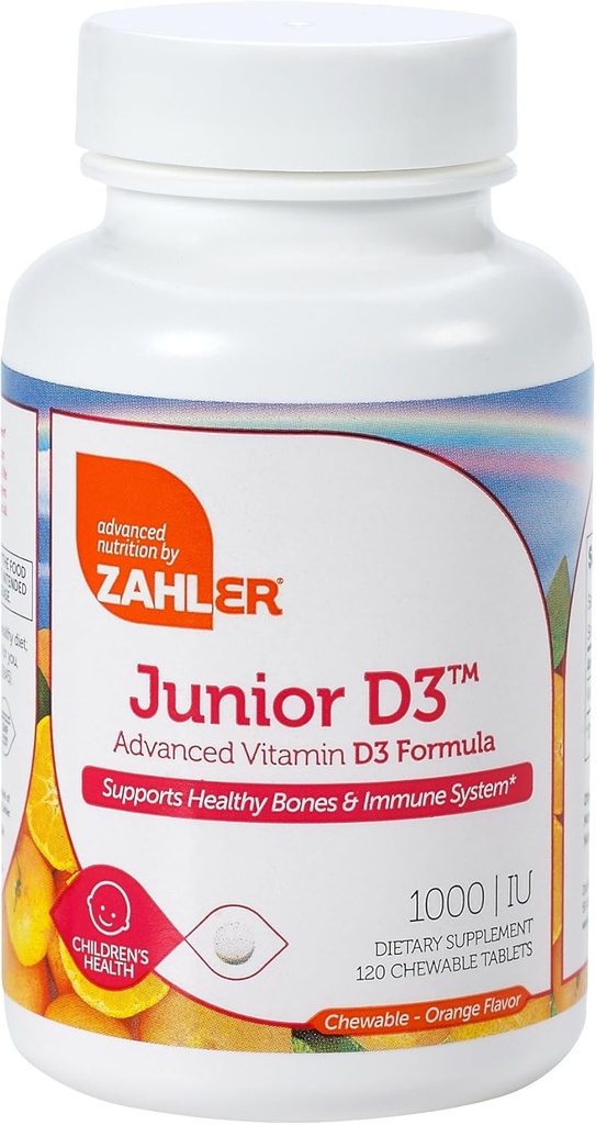 Zahler Junior D3 Μασώμενα 1000IU, Παιδική Βιταμίνη D, Μεγάλη Γεύση Μασώμενη Βιταμίνη D για τα παιδιά, Βέλτιστη Βιταμίνη D3 1000 IU για τα παιδιά, Certified Kosher, 240 Μασώμενα δισκία