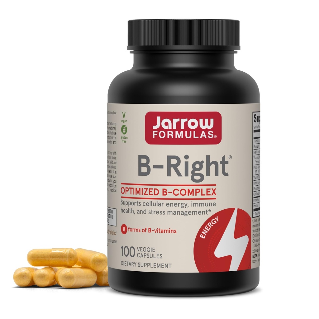 Jarrow Formulas B-Right - 100 Veggie Caps - Low-Odor Vitamin B-Complex Formula - Ενέργεια & Μεταβολισμός Υποστήριξη - Προάγει τον εγκέφαλο, την καρδιά και την καρδιαγγειακή υγεία - 100 Υπηρεσίες