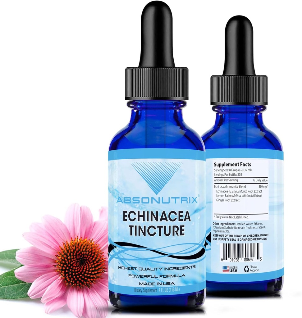 Absonutrix Echinacea Βάμμα Advanced Formula 390 mg, 4 Oz Liquid, 302 Services, Made in USA, Quick Absorption, Quality Potent Ingredients, Μη GMO, GMP Certified Facility, Cruelty-Free Products