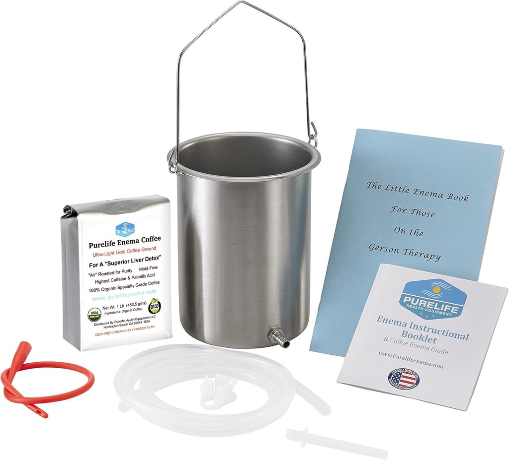Purelife Detox Coffee Enema Kit - Made in USA - 2 Qt / Superior Μη Τοξικό Made in USA Quality / 1 lb Purelife Ultra Light Gold Enema Coffee - Lab Tested with no mycotoxins- Σιλικόνη Tubing