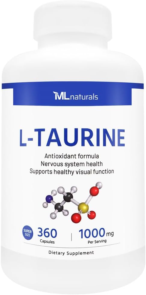 ML Naturals L- Taurin 1000 mg 360 Κάψουλες. 99, 9% Καθαρότητα L- Taurin. Υγιεινή & Αντιοξειδωτική υποστήριξη νευρικού συστήματος, NSF-Certified & cGMP-Compliant.