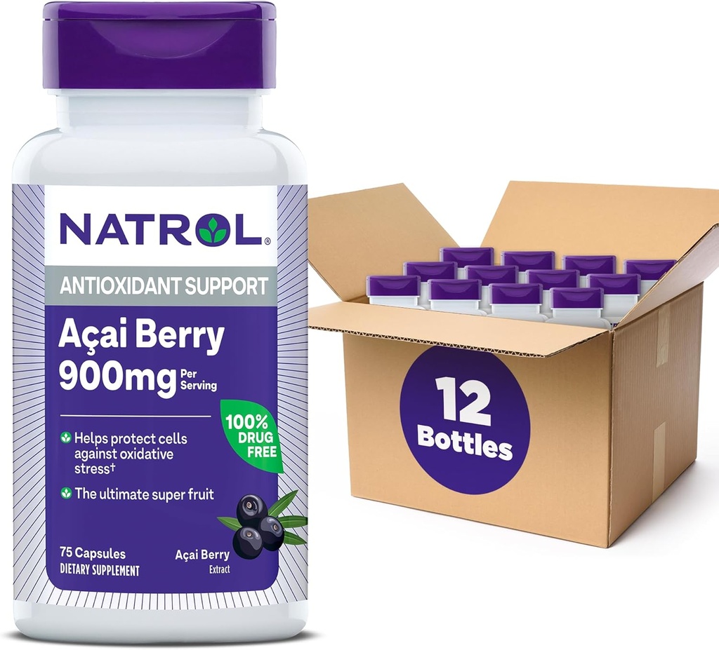 Natrol Acai Berry, Dietary Supplement, Antioxidant Protection & Defense, The Ultimate Super Fruit, 900 mg Veggie Capsules, 75 Count (Pack of 12)