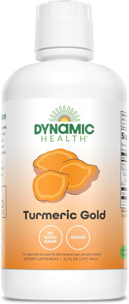 Dynamic Health Turmeric Gold, 100% Juice, Turmeric Supplement, Χωρίς Πρόσθετα, Κοινή Υποστήριξη, Αντιοξειδωτικό, Φλεγμονή, Vegan, Χωρίς Γλουτένη, Μη ΓΤΟ, 32 Fl Oz