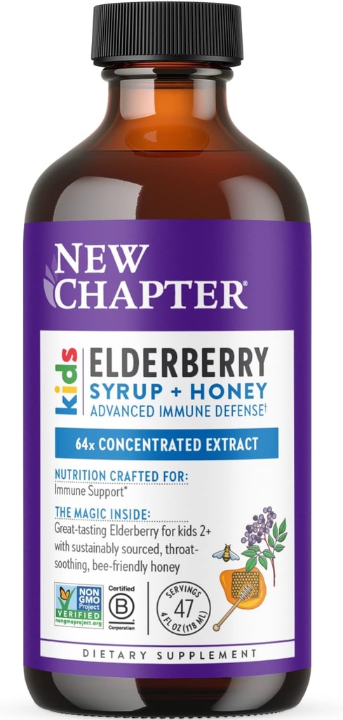 New Chapter Elderberry Kids Syrup, Advanced Immune Defense for Ages 2+, 64x Concentrated Elderberry, Sweetened with Throat-Soothing Grade A Honey, Non-GMO Project Verified, 4 Fl Ounce