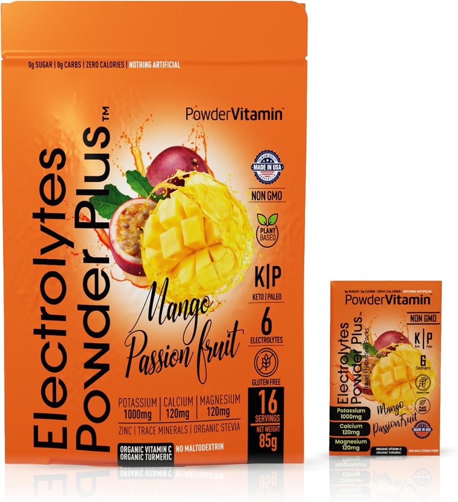 PowderVitamin Electrolytes σκόνη Plus, Keto, Mango Passionfruit, Χωρίς ζάχαρη, Pink Αλάτι Ιμαλαΐων, 1000mg Κάλιο, 120mg Ασβέστιο, 120mg Μαγνήσιο, Μη ΓΤΟ, Μη-GMO, Μηδέν θερμίδες, (16 πακέτα ενυδάτωσης)