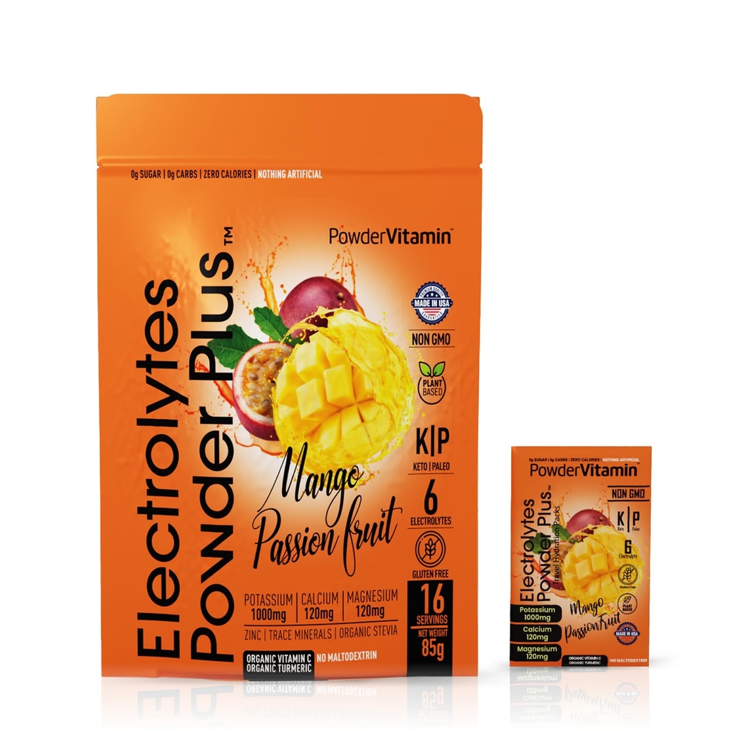 PowderVitamin Electrolytes σκόνη Plus, Keto, Mango Passionfruit, Χωρίς ζάχαρη, Pink Αλάτι Ιμαλαΐων, 1000mg Κάλιο, 120mg Ασβέστιο, 120mg Μαγνήσιο, Μη ΓΤΟ, Μη-GMO, Μηδέν θερμίδες, (16 πακέτα ενυδάτωσης)
