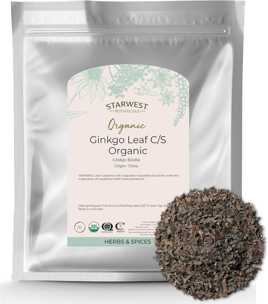 Starwest Botanicals Organic Ginkgo Leaf - Ginkgo Biloba, Αποξηραμένο Χαλαρά Φυλλάδια Βότανο για Τσάι, Κάψουλες, & Αρωματικά Μείγματα, Κοψίματα και Κοσέρ, Μη-GMO - Μαζική 1 LB Τσάντα