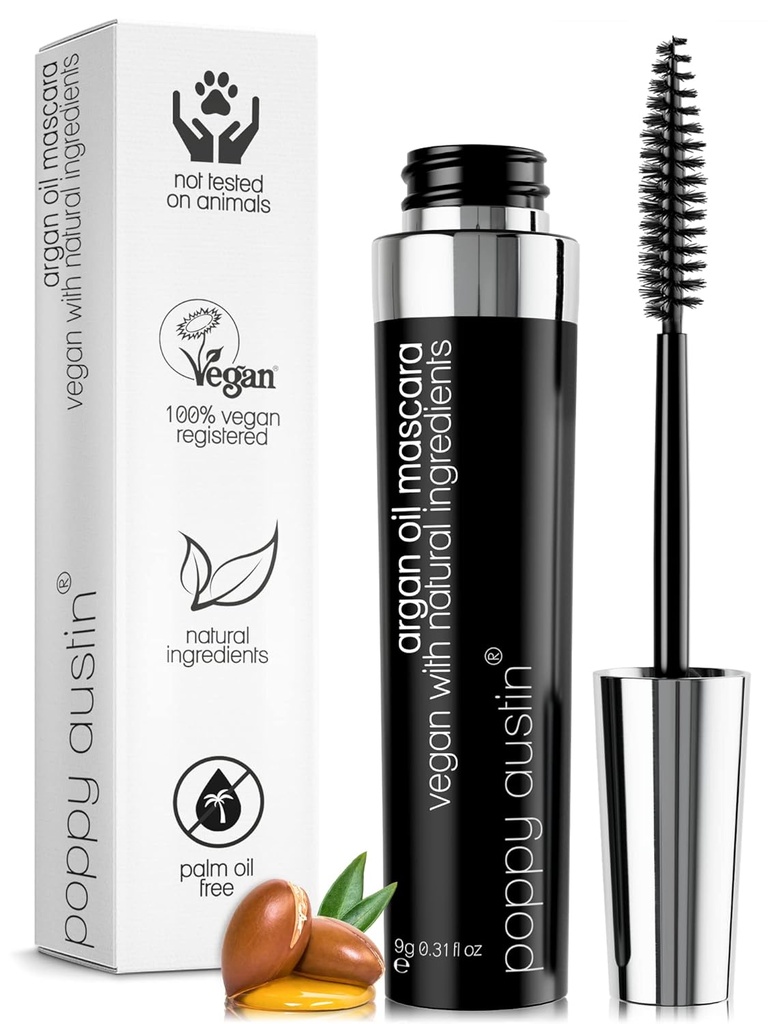 Poppy Austin Organic Mascara, Natural, Vegan, Paraben-free, Cruelty-free - Υποαλλεργική Mascara Μήκος & Βαθμολογία με λάδι Argan - 0.31 Fl Oz (Μαύρο)