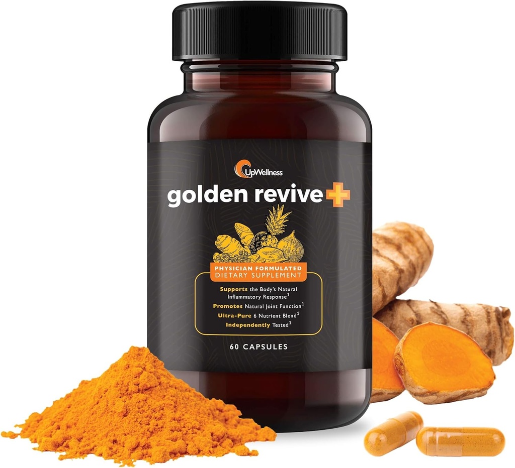 UpWellness Golden Revive + Κοινό συμπλήρωμα υποστήριξης που διαθέτει κουρκουμά με μαύρο πιπέρι, Quercetin, και μαγνήσιο-κουρκουμά Boswellia συμπλήρωμα - 6 ενεργά συστατικά για κοινή φροντίδα - 60 κάψουλες