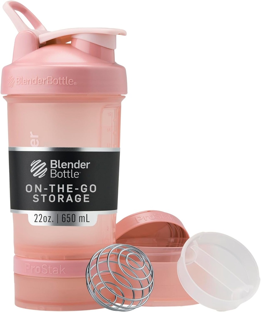 BlenderBottle Shaker μπουκάλι με Pill Organizer και αποθήκευση για την πρωτεΐνη σκόνη, κλασικό σύστημα V2 ProStak, 22-Ounce, Rose ροζ