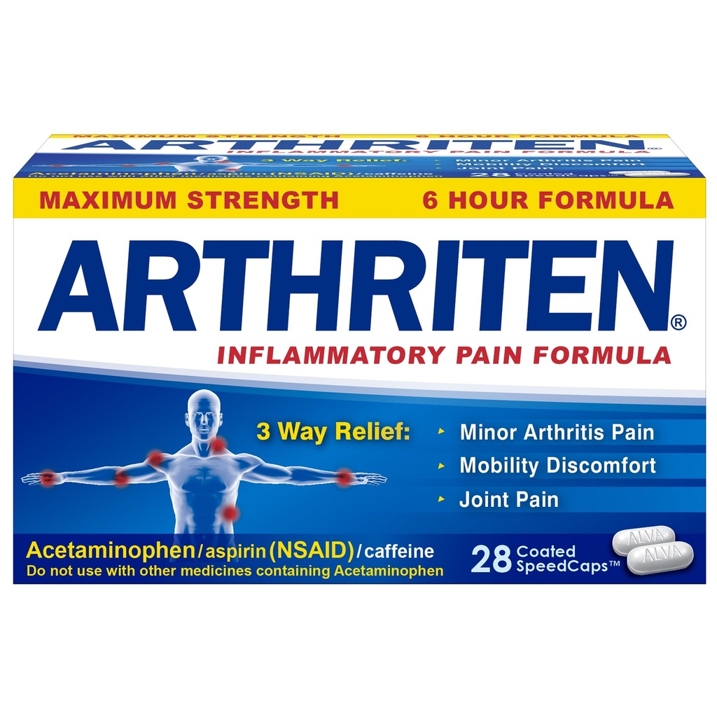 Φλεγμονώδες Pain Formula Caplets με 3 ενεργά συστατικά: Ασπιρίνη, Acetaminophen & καφεΐνη, Λευκό, 28 Count (πακέτο του 1)