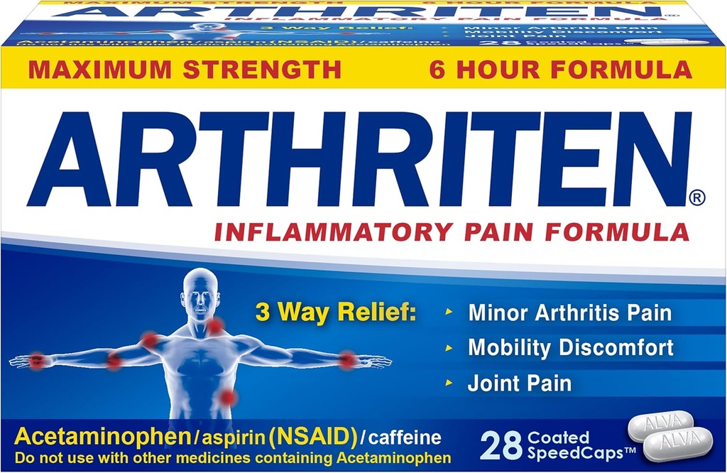 Inflammatory Pain Formula Caplets with 3 Active Ingredients: Aspirin, Acetaminophen & Caffeine, White, 28 Count (Pack of 1)