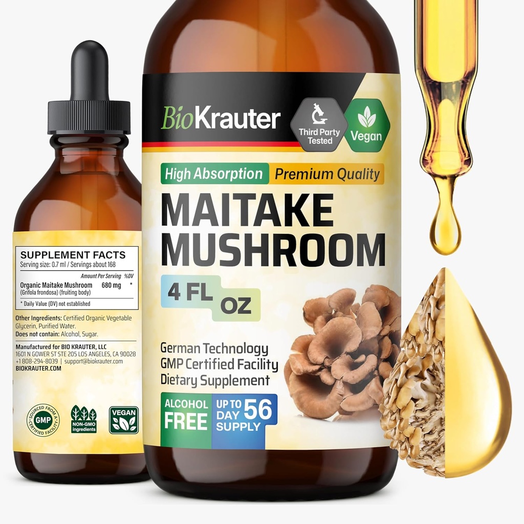 BIO KRAUTER Μάιτακε Mushroom Extract - Συμπλήρωμα Liquid Maitake για Ανοσολογική Υποστήριξη - 680 mg ανά Σερβιρίσματος - Vegan, Αλκοόλ & Ζάχαρη Χωρίς σταγόνες 4 Fl.Oz.