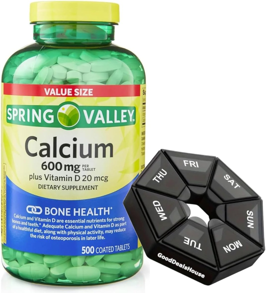 Spring - Valley Calcium 600 mg + Βιταμίνη D 20 mcg - 500 Count with Weekly Pill Organizer GoodDealsHouse - Διαιτητικά δισκία για την υγεία των οστών