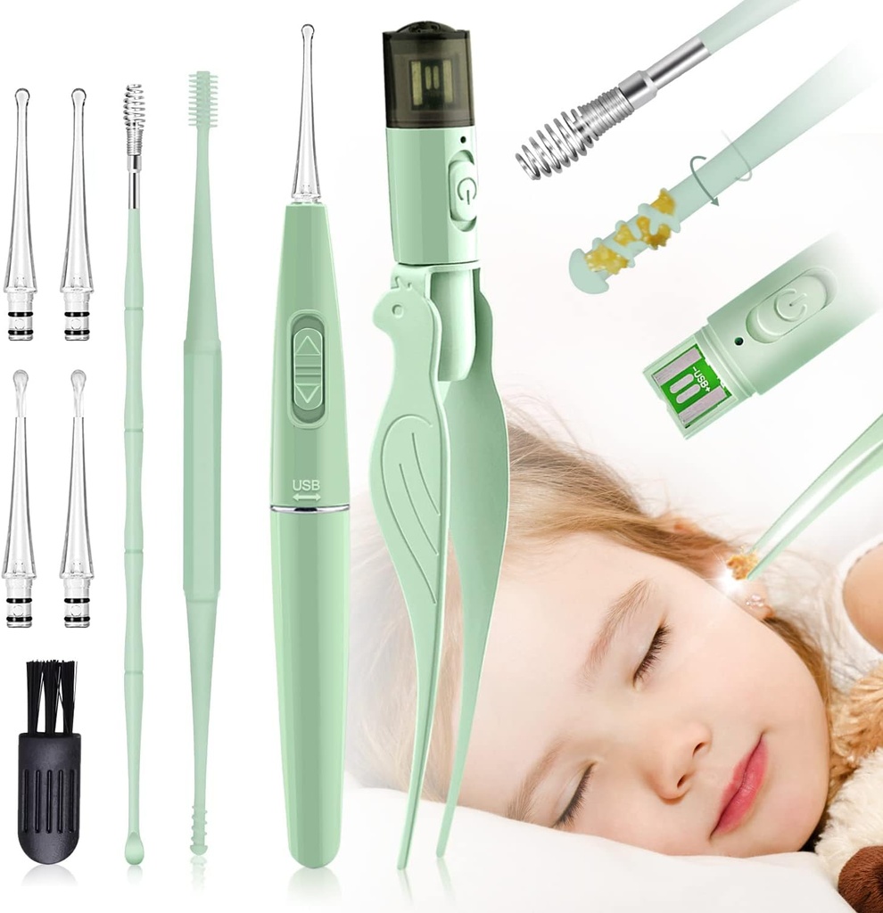 Εργαλεία αφαίρεσης κεριού αυτιού, 9 Pack Ear Cleaning Tool, Ear Pick with 2 LED Lights,Build-in USB Ear Wax Remover for Kids and Adults