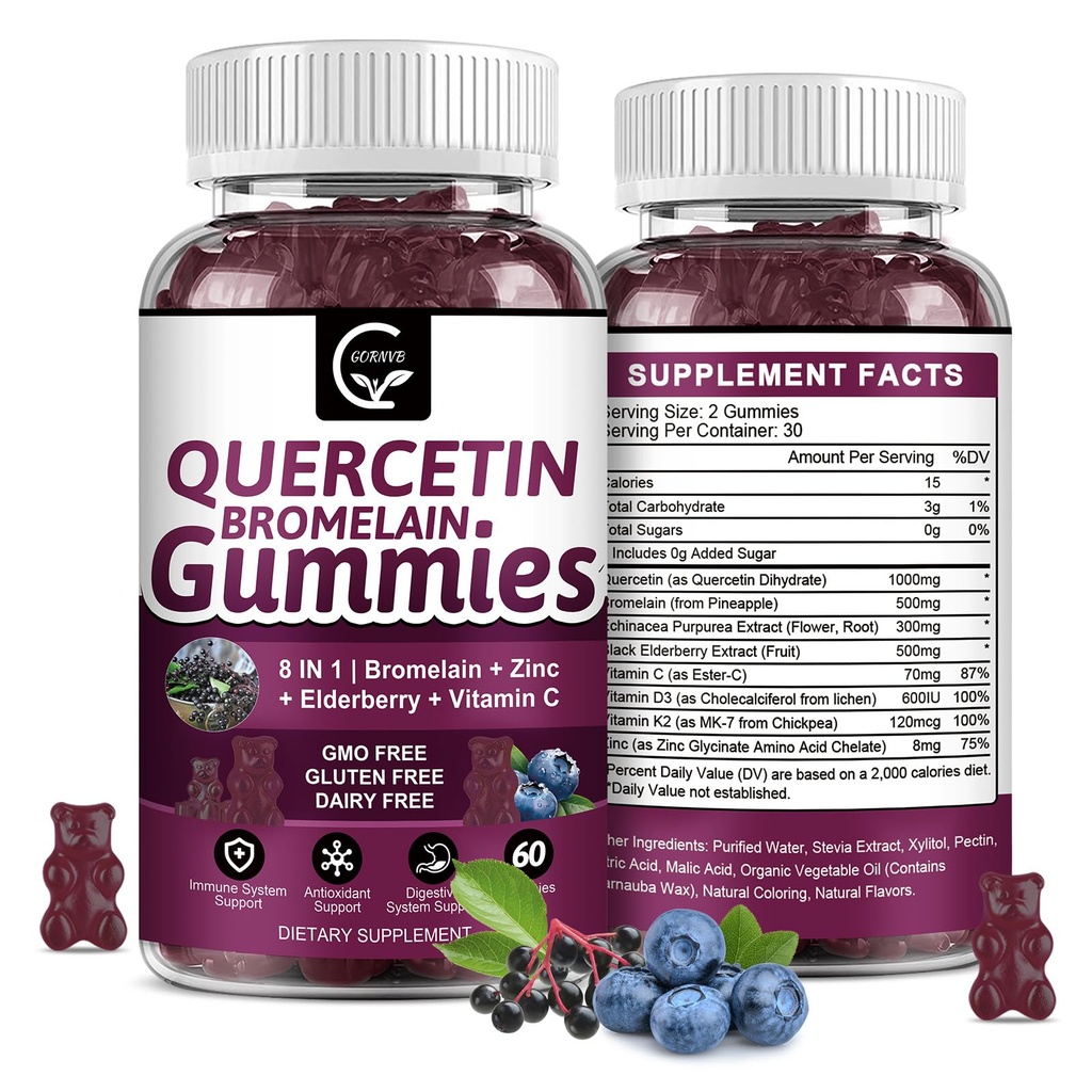 Quercetin Gummies with Bromelain 2378mg - Ανάμειξη με Elderberry, Echinacea Purpurea Extract, Ψευδάργυρος, Βιταμίνη C, D3, K2, Complex υποστηρίζει ανοσοποιητικό, καρδιοαγγειακό & αναπνευστικό, Vegan Gummy για ενήλικες & παιδί