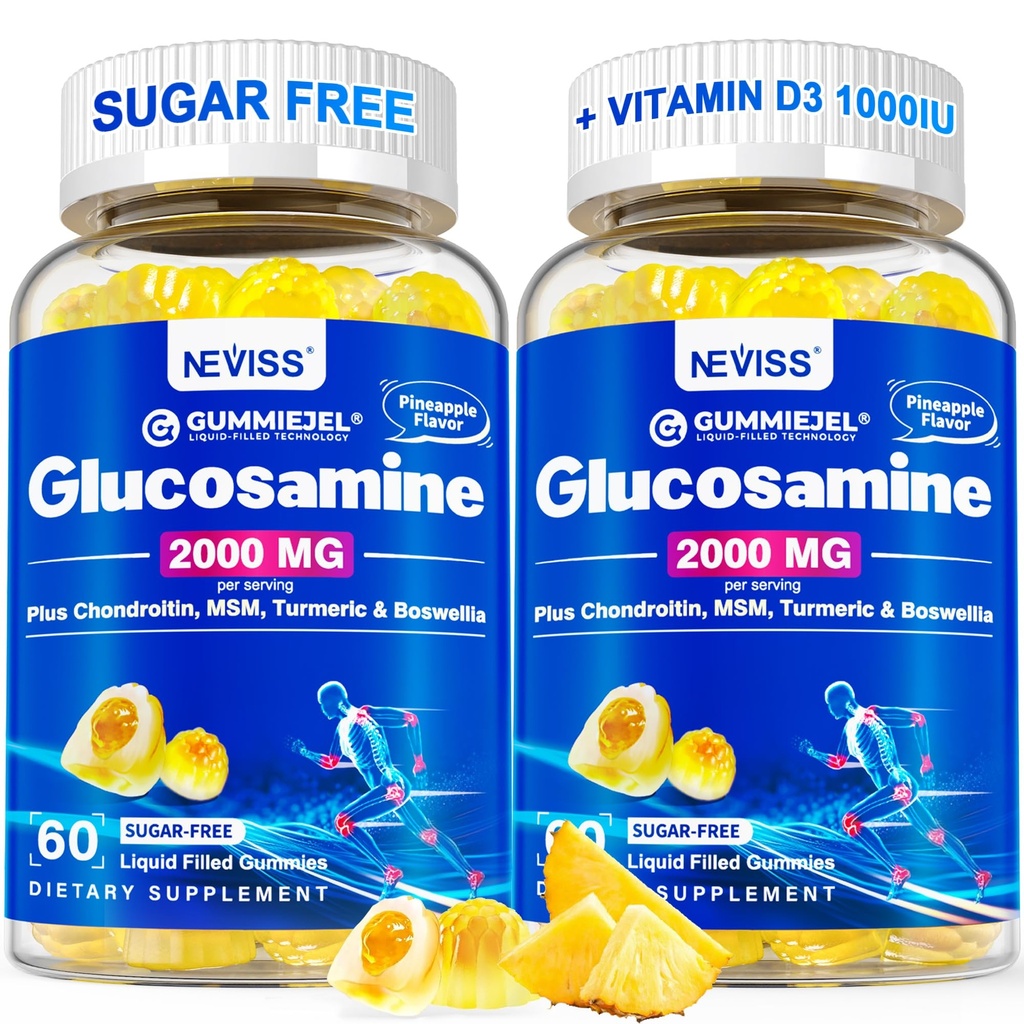 Χωρίς ζάχαρη Γλυκοζαμίνη Γέμισμα Gummies - συμπλήρωμα γλυκοζαμίνης Plus Chondroitin, MSM, Turmeric, Boswellia, Υαλουρονικό οξύ, βιταμίνη D3 & ψευδάργυρος, 120 Gummies, 60 Υπηρεσίες