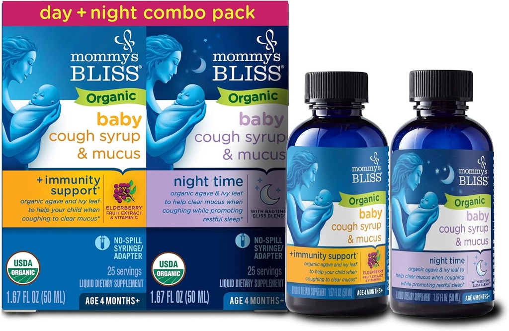 Mommy's Bliss Organic Baby Cough Syrup & Mucus Relief, Day and Night Combo Pack, Περιέχει Organic Agave και Ivy Leaf, Για ηλικίες 4 Μήνες+, 1,67 Fl Oz (Pack of 2)