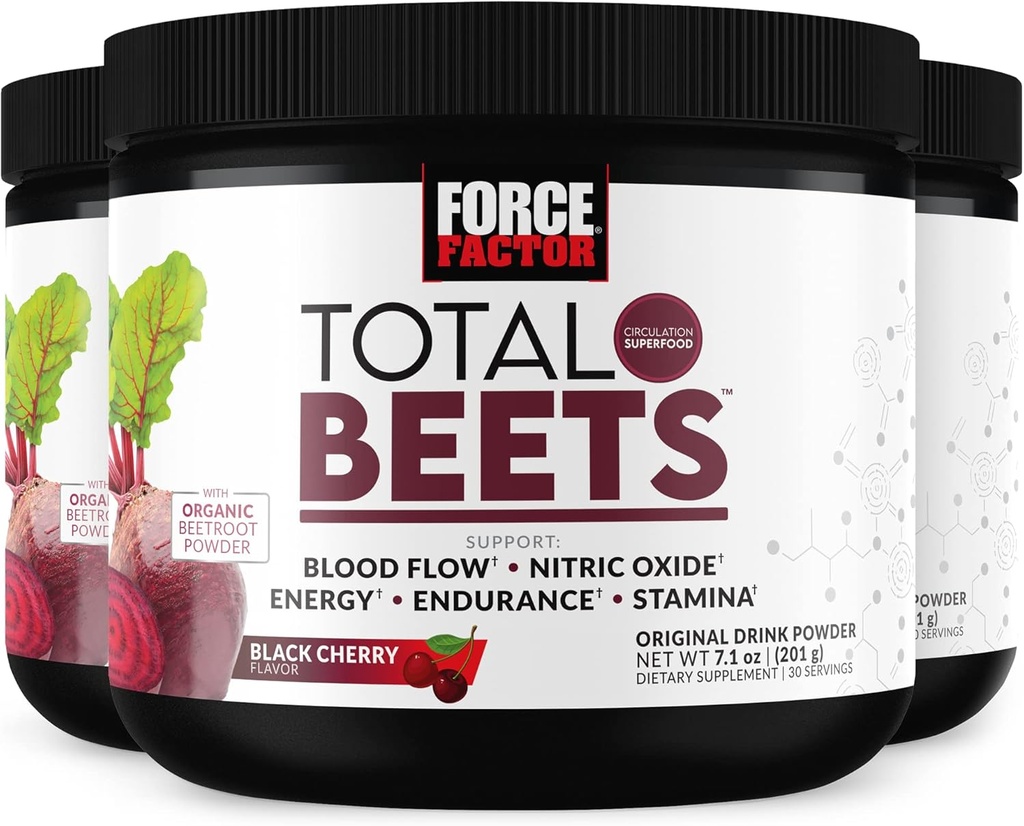 FORCE FACTOR Total Beets Superfood Beet Root Powder 3-Pack, Nitrates to Support Circulation, Blood Flow, Nitric Oxide, Energy, Endurance, Stamina, Cardiaγγειακό συμπλήρωμα υγείας καρδιάς, 90 υπηρεσίες