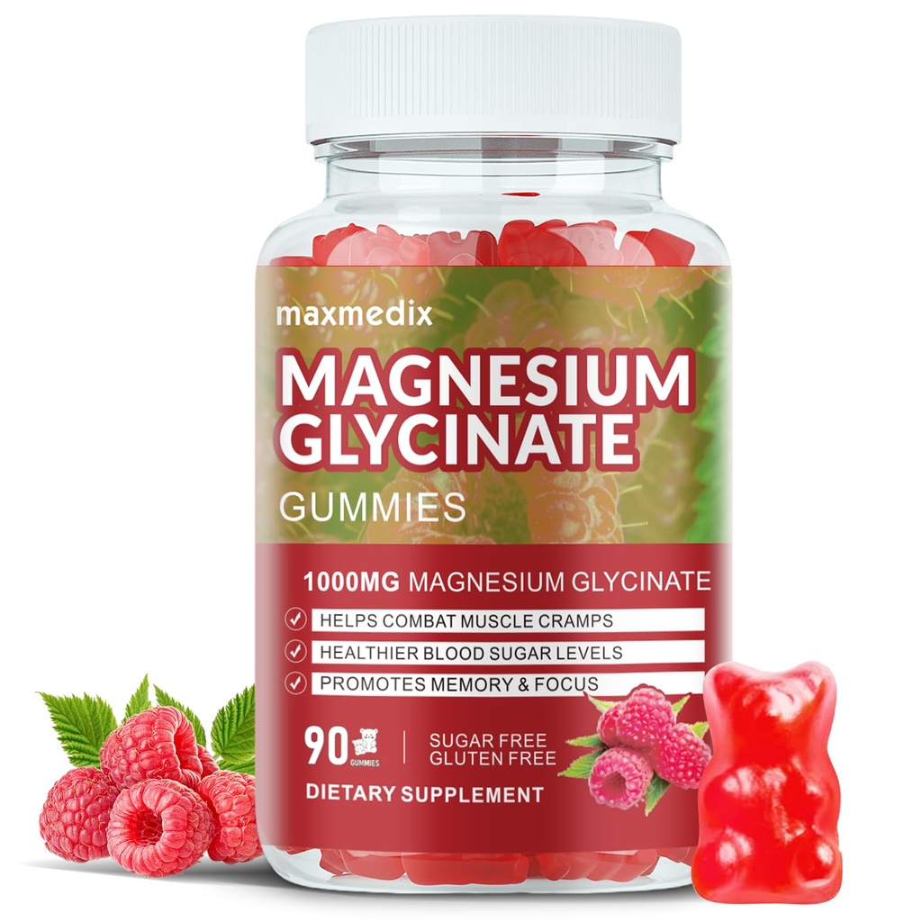 Γλυκινικό μαγνήσιο Gummies 1000mg, χωρίς ζάχαρη Συμπληρώματα μαγνησίου Κάλιο Μασώμενο για ενήλικες με L-Θρεονικό για τον ύπνο, την υποστήριξη του σώματος και την χαλάρωση, 90 Gummies σμέουρων