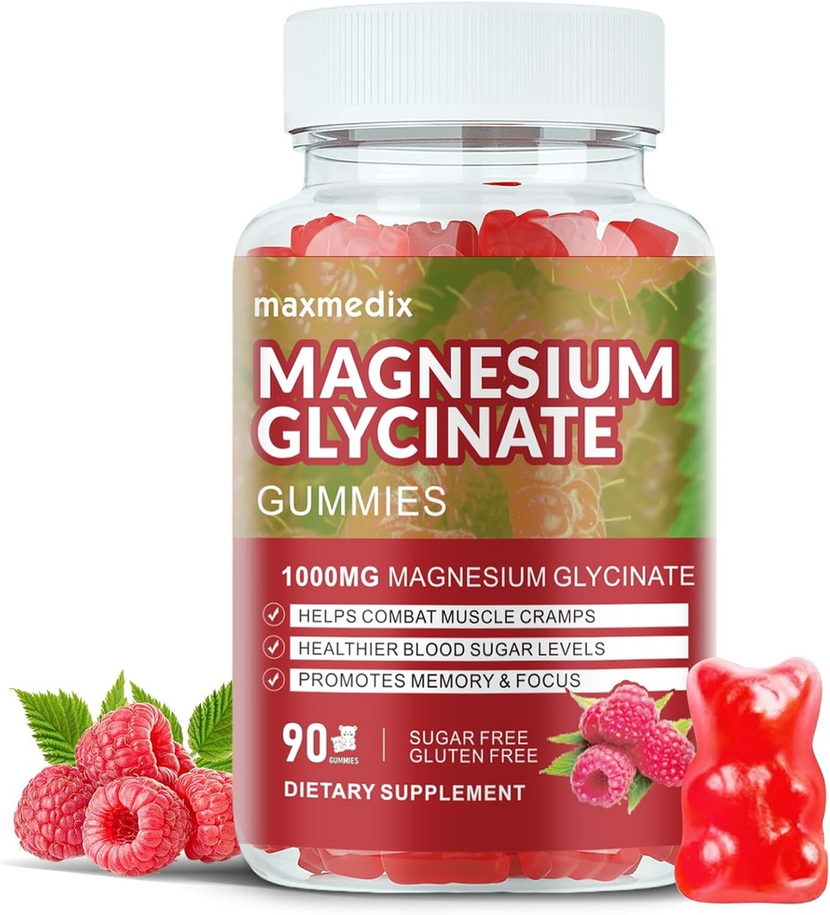 Magnesium Glycinate Gummies 1000mg, Sugar Free Magnesium Potassium Supplements Chewable for Adults with L-Threonate for Sleep, Body Support and Relaxation,90 Raspberry Gummies
