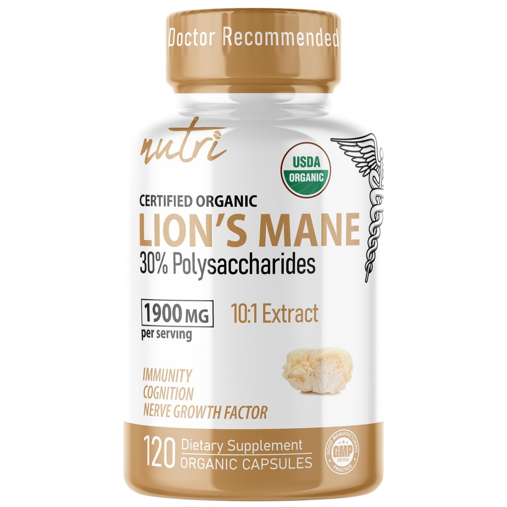 Nature's Fusions Nutri Organic Lions Mane Supplement Capsules - 1900 mg, 10:1 Dual Extraction, 120 Count - Mushroom Extract (Fruiting Body) - Δοκιμασμένο τρίτο μέρος