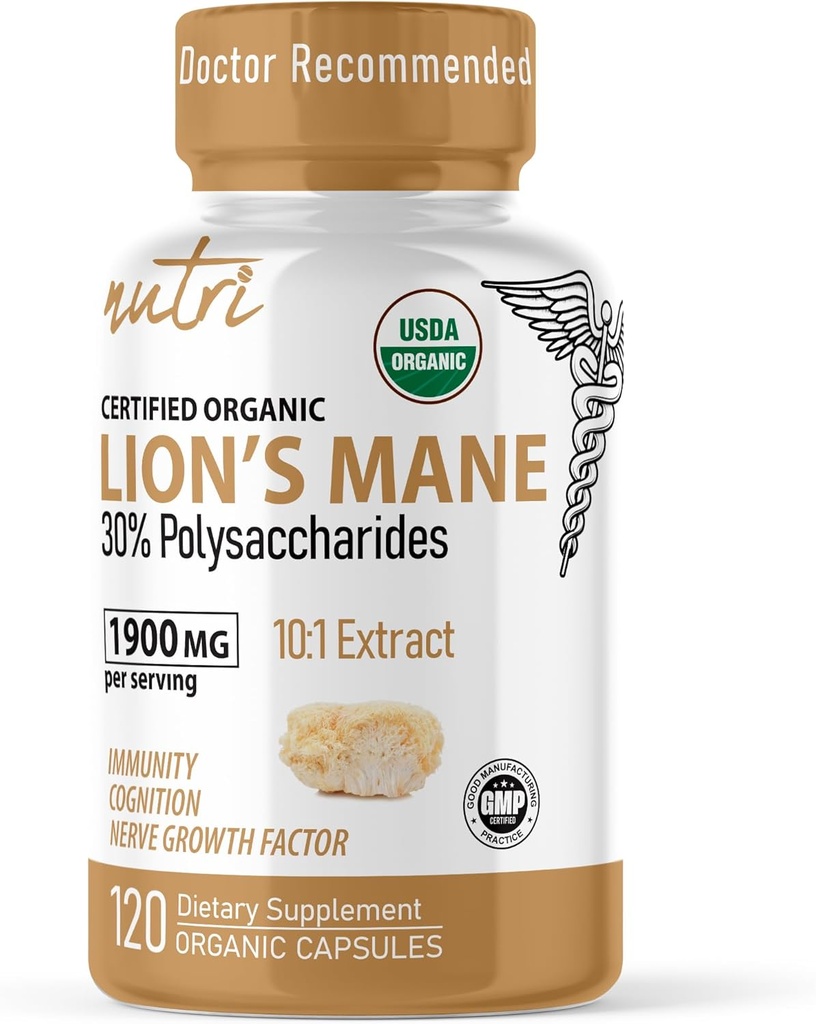 Nature's Fusions Nutri Organic Lions Mane Supplement Capsules - 1900 mg, 10:1 Dual Extraction, 120 Count - Mushroom Extract (Fruiting Body) - Δοκιμασμένο τρίτο μέρος