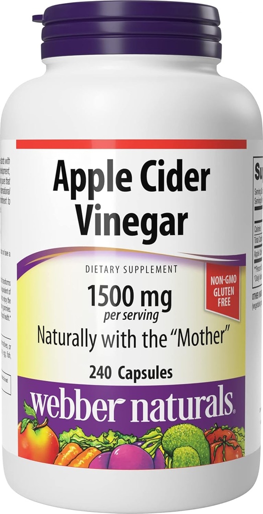 Webber Naturals Κάψουλες μηλίτη μήλου με τη μητέρα, 1500 mg ανά υπηρεσία, υψηλή ισχύς, 240 κάψουλες, φυσική υποστήριξη διύλισης, ζάχαρη, γαλακτοκομικά & γλουτένη δωρεάν