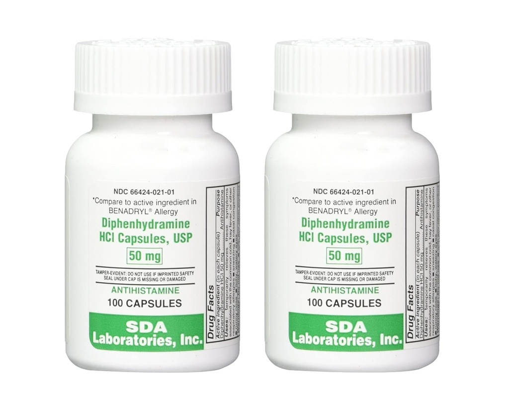 SDA ΕΡΓΑΣΤΗΡΙΑ Διφαινυδραμίνη 50mg, Αλλεργία Ανακούφιση, Αντιισταμινικές κάψουλες, Φόρμουλα ταχείας δράσης για το φτάρνισμα, τη μύτη Runny & Ichy Eyes – 100 Count (2 Pack)