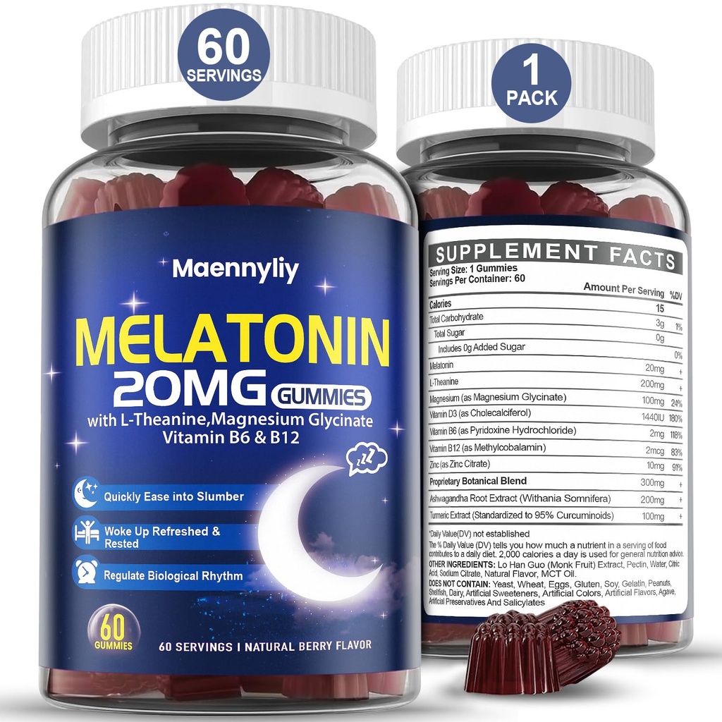 Maennyliy Melatonin 20mg Gummies for Adults - Sugar Free Melatonin Gummies Extra Strength with L-Theanine, Magnesium, Ashwagandha, Turmeric, D3 & Zinc - Non-Habit Forming