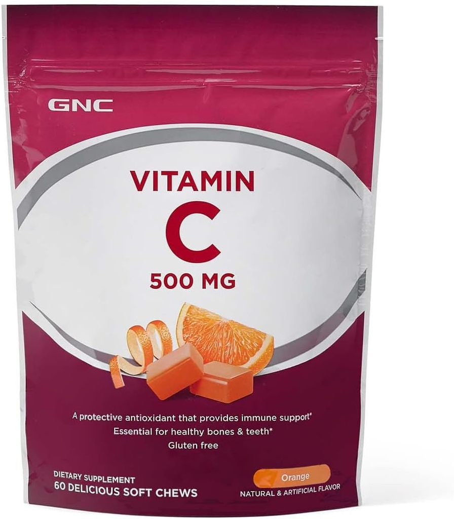 GNC Βιταμίνη C μαλακά μάσημα 500mg, Πορτοκαλί, 60 μάσημα, υποστηρίζει φυσική αντίσταση