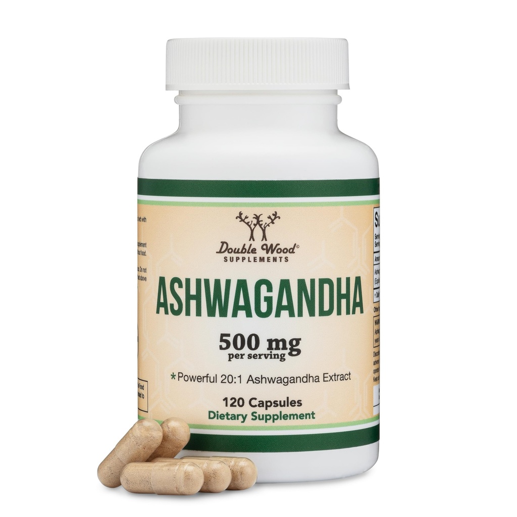 Ashwagandha Κάψουλες, 120 Count (500mg Extract 20:1 Potency) Adaptogen Stress Relief by Double Wood