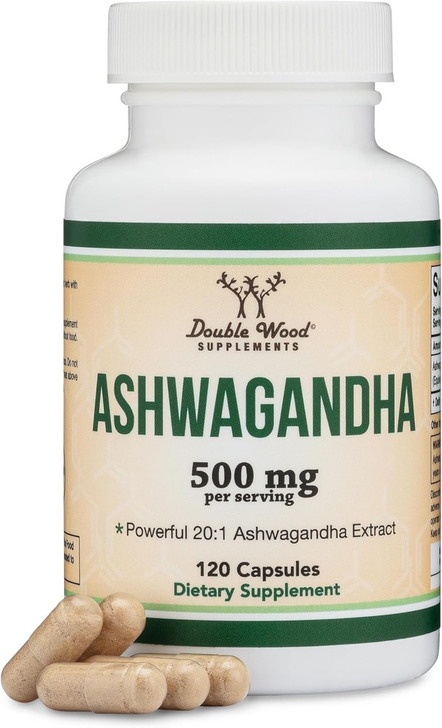 Ashwagandha Κάψουλες, 120 Count (500mg Extract 20:1 Potency) Adaptogen Stress Relief by Double Wood