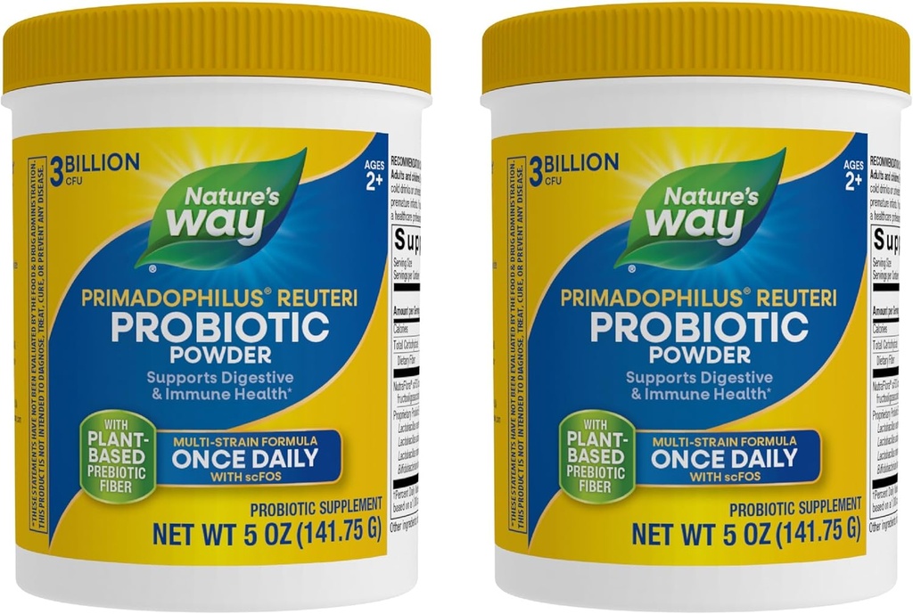 Nature's Way Primadophilus Reuteri Probiotic Powder, Supports Digestive & Immune Health*, Multi-Strain Formula, με Prebiotics, 3 Billion Live Cultures, 5 Oz (Packaging May Vary) - 2 Pack