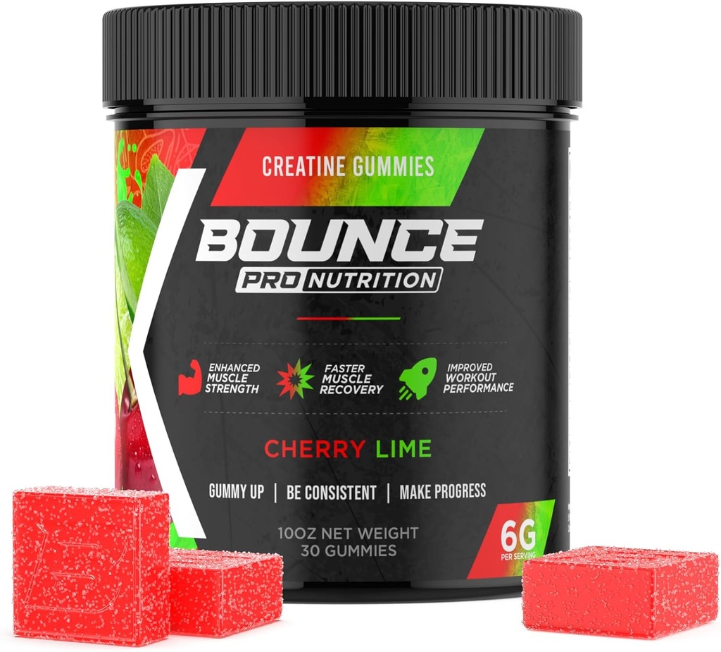 Bounce Pro Creatine Μονοϋδρικά Gummies για άνδρες & γυναίκες, χαμηλή θερμίδα, 6G Creatine ανά υπηρεσία, Vegan, Anti-Melting, Gluten-free, μη-GMO, 2g Creatine ανά Gummy (30ct, Cherry Lime)