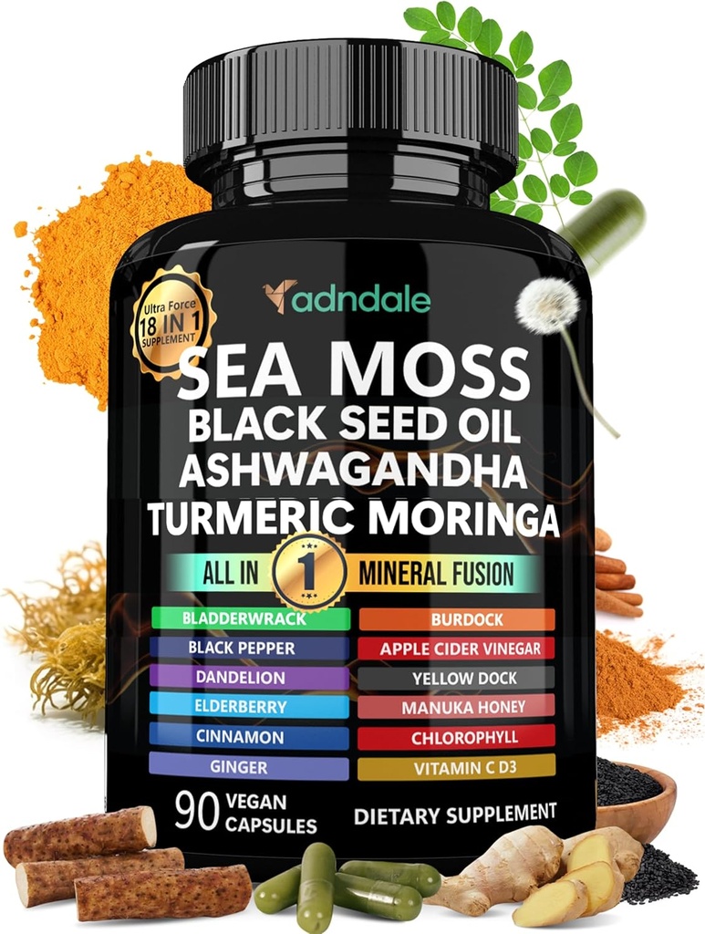 Adndale Sea Moss Black Seed Oil Ashwagandha Ginger Capsules. SeaMoss Capsules with Black Seed Oil, Ashwagandha, Turmeric, Moringa, Bladderwrack, Burdock Root, Manuka Honey, Cinnamon