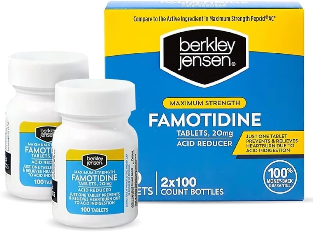 berkley jensen Μέγιστη Δύναμη Famotidine 20 mg - (200 Count), δισκία μειωτήρα οξέων, Relieves Meal-Educed Heartburn & Acid Indigestion Συμπτώματα, All-Day Heartburn Prevention & Relief