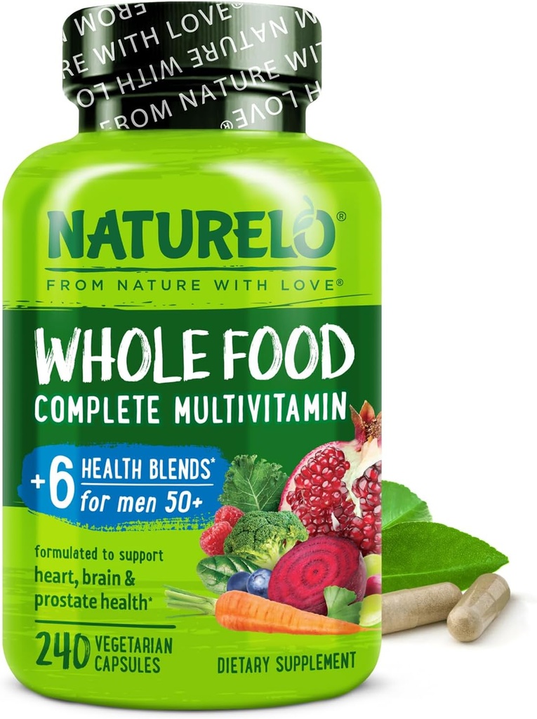 NATURELO Ολόκληρες Τροφές Πολυβιταμίνη για Άνδρες 50+ - με Βιταμίνες, Ορυκτά, Βιολογικά Βότανα - Vegan Vegan Vegetarian - για Ενέργεια, Εγκέφαλο, Καρδιά και Υγεία των ματιών - 240 Κάψουλες