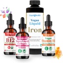 LIQUIDHEALTH Vegan Καθημερινή Απαραίτητη Βιταμίνη Starter Kit με Βιολογικό Μεθύλιο B12 σταγόνες, Vegan Liquid Collagen + Biotin, Liquid Iron, Vitamin D3 D3 D3 Drops - 100% Φυτικά συμπληρώματα βιταμίνης, Made in USA