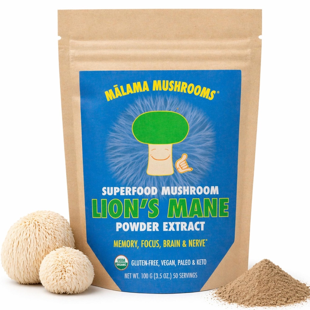 Lion's Mane Extract Powder by Malama, Organic Fruiting Body Lions Mane Mushroom Powder, Superfood Adaptogenic, Υποστηρίζει τη μνήμη, την εστίαση, τον εγκέφαλο, & τα νεύρα