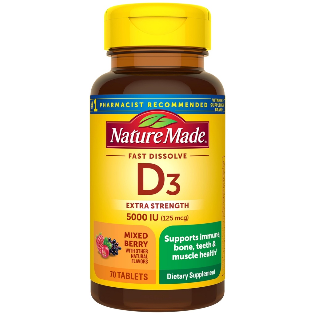 Nature Made Vitamin D3 5000 IU (125 mcg) Επιπλέον δύναμη, συμπλήρωμα βιταμίνης D για ανοσοποιητική υποστήριξη, 70 δισκία ταχείας διάλυσης χωρίς ζάχαρη, 70 ημέρες προσφοράς