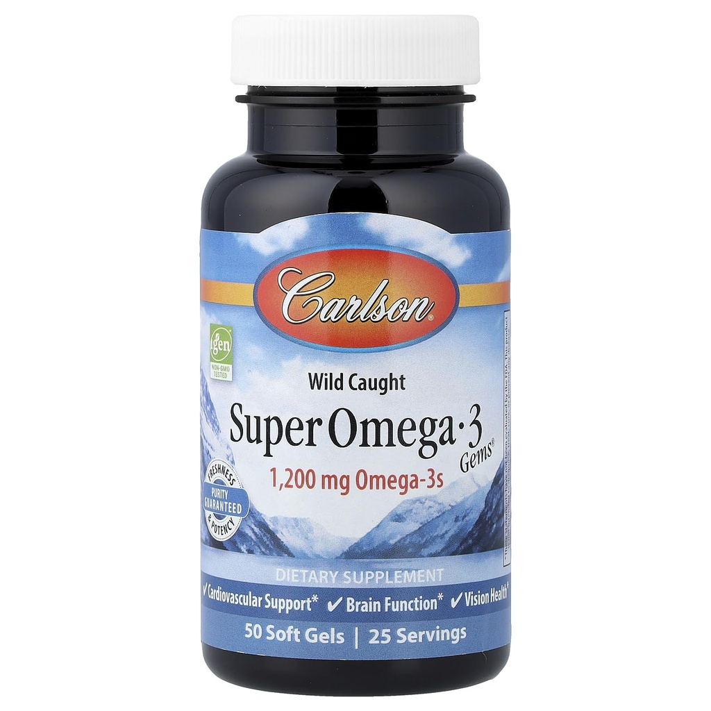 Carlson - Super Omega-3 Gems, 1200 mg Omega-3s, Wild Caught, Sustainablely Πηγή, 50 μαλακά τζελ