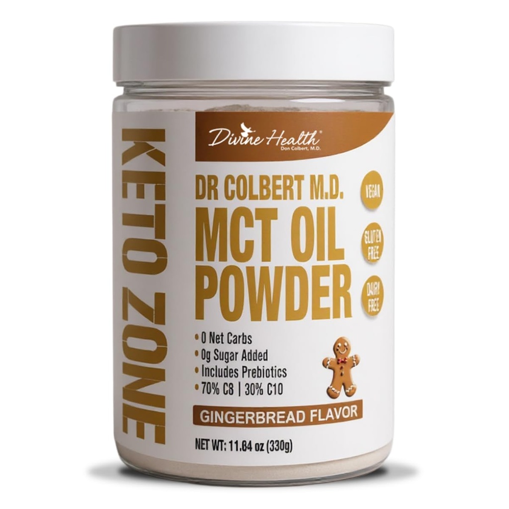 Dr. Colbert, MD MCT Oil Powder | Gingerbread Flavor | by Divine Health | Keto Zone | 70% C8 30% C10 | 0 Net Carbs | Gluten Free | 30 Day Supply | 330g