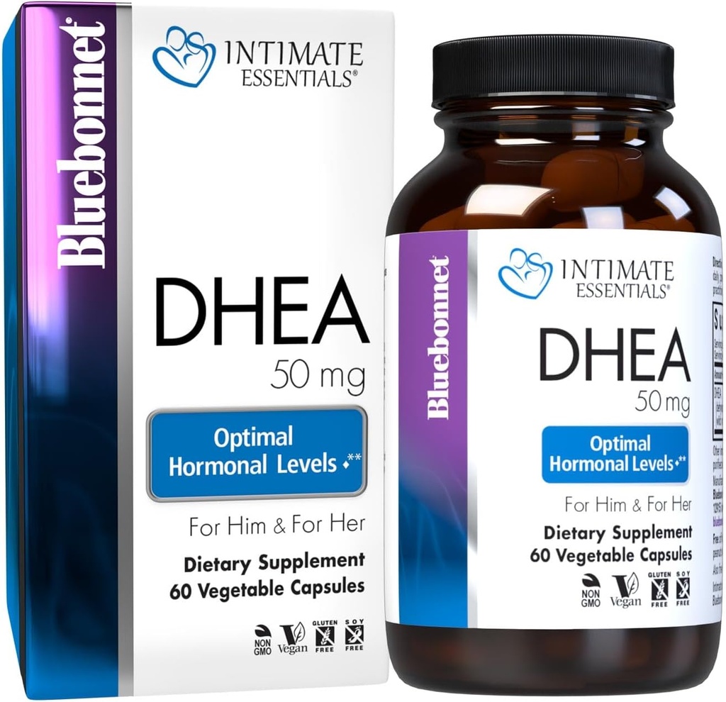 BlueBonnet Nutrition Intimate Essentials DHEA 50mg, for Fertility Function and Optimal Hormone Levels in Both Men and Women*, Non-GMO, Vegan, Gluten-Free, 60 Vegetable Capsules, 60 Servings