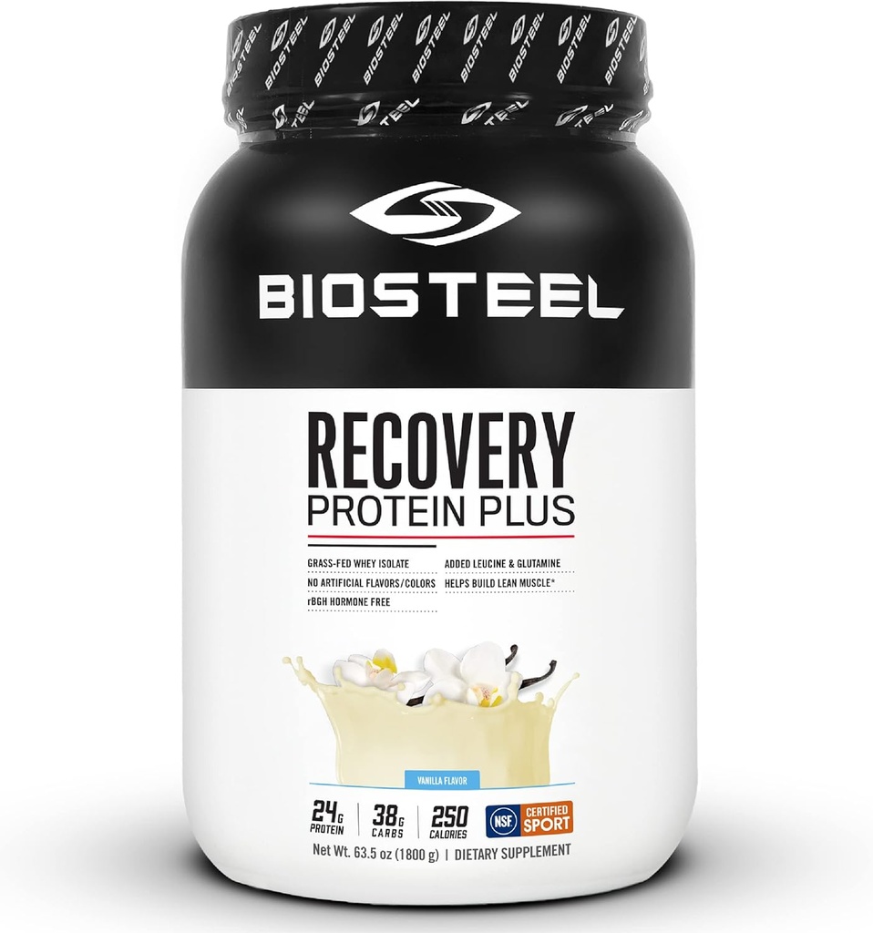 BIOSTEEL Protein Recovery Plus συμπλήρωμα σκόνης, Grass-Fed και μη GMO Formula, Βανίλια, 27 εξυπηρετούν